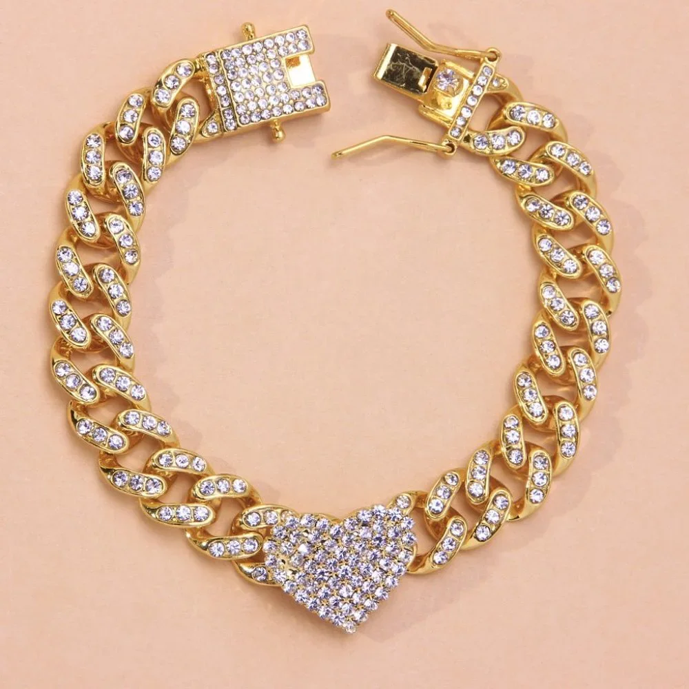 Crystal Heart-Shaped Anklet Bracelet Miami Cuban Link Anklet Chunky Foot Chain - Picture 3 of 3